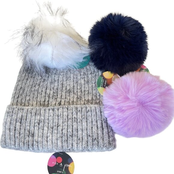 Anthropologie PickA Pom Beanie Stocking Hat Grey Set 3 Poms Blue White Plush NWT main image 4